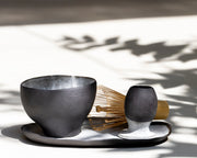     Handcrafted matcha set including ceramic chawan, whisk holder, tray and bamboo whisk.